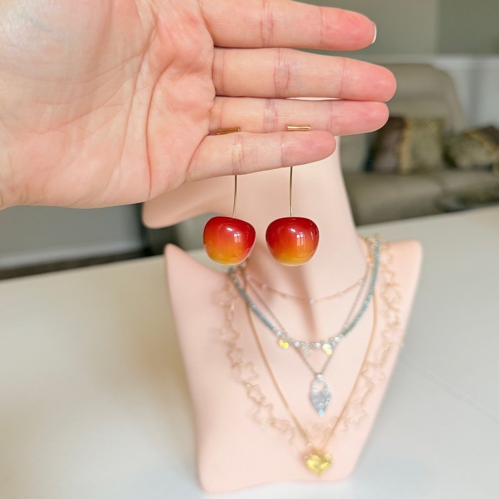 Red-Orange Gradient Cherry Drop Earrings - Picture 8 of 10